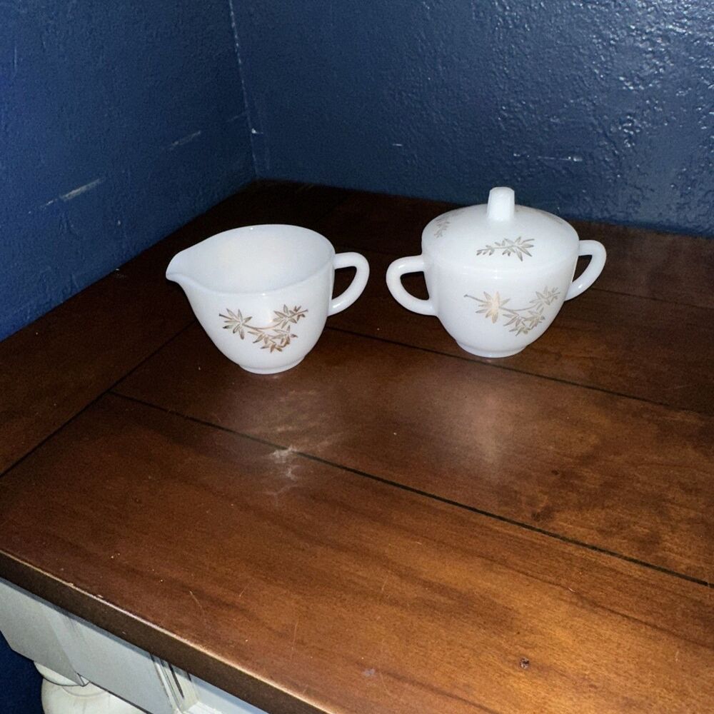 Federal Sugar Bowl and Creamer Set Milk Glass Gold Bamboo Lidded Vtg Set
